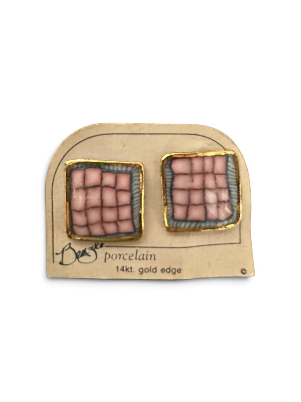 Vintage Porcelain Pink Square Stud Earrings with 14kt Gold Edge